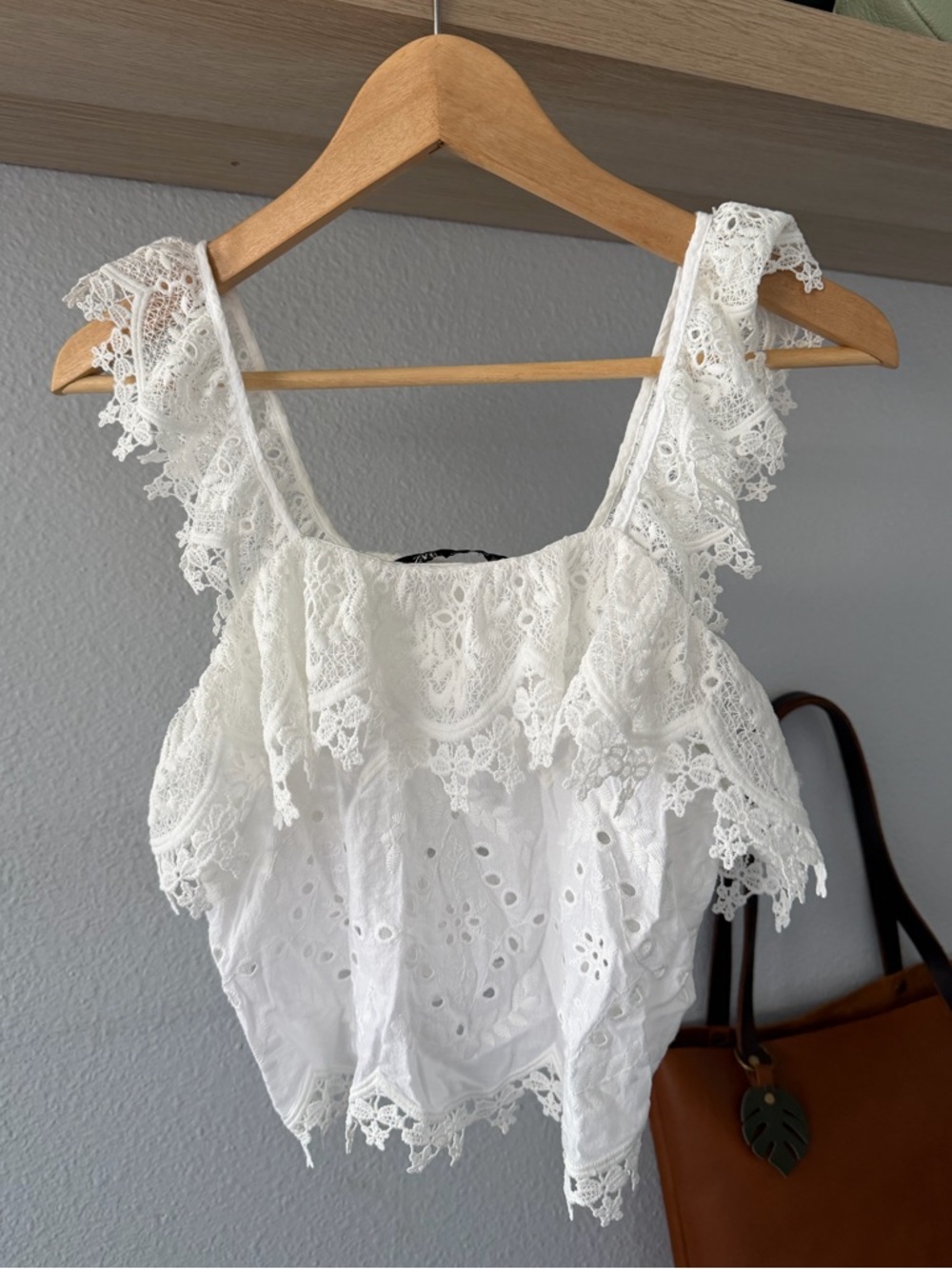 Zara White Lace Eyelet Ruffle Blouse
